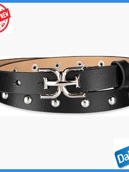 Skinny Studded Leather Belt with Logo Buckle, Size Large, 3/4 Inch Width main image 5